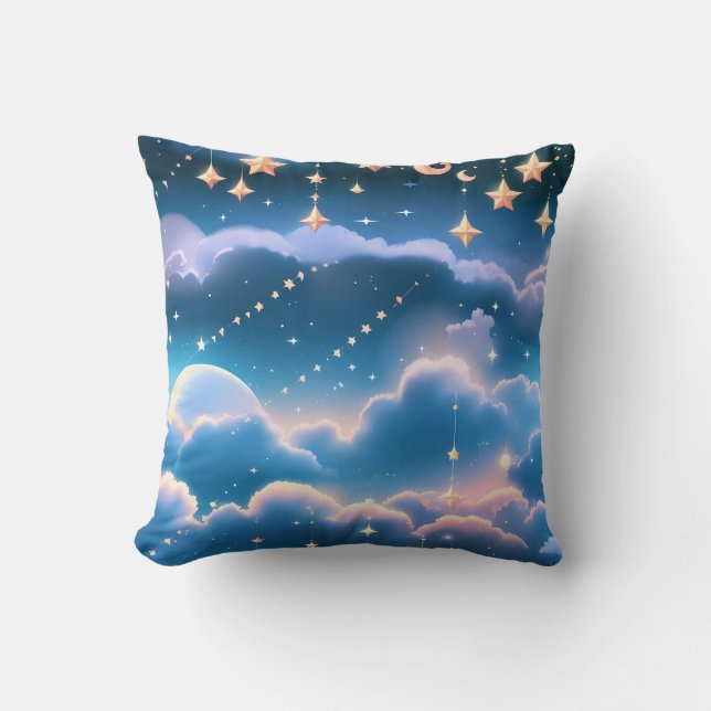 Almofada Throw Pillow - Pastel Blue Celestial Moon (Frente)