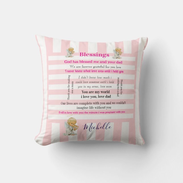 Almofada Throw Pillow Pink & White Stripe Blessings  (Frente)