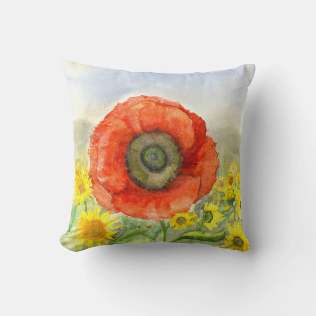 Almofada Throw Pillow Poppy and Sunflowers (Frente)