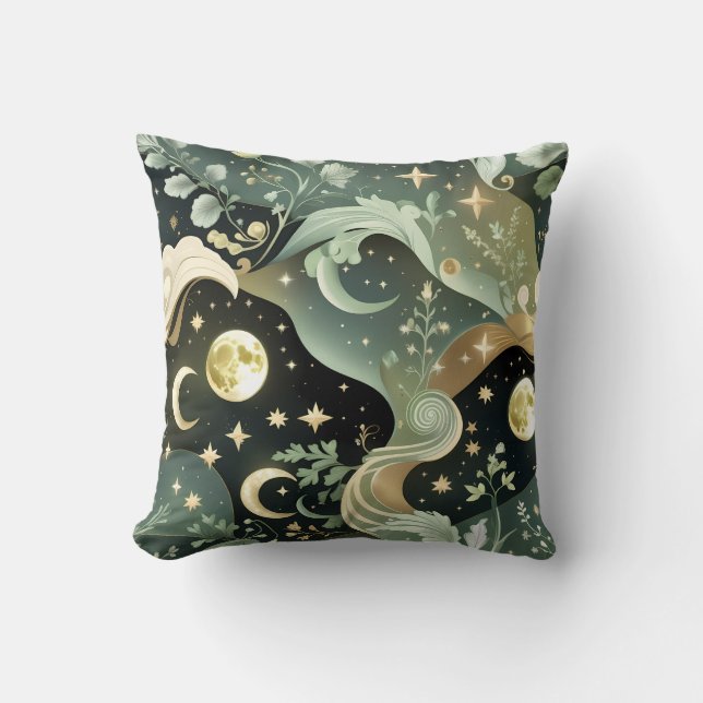 Almofada Throw Pillow – Sage Green Celestial Moon (Frente)