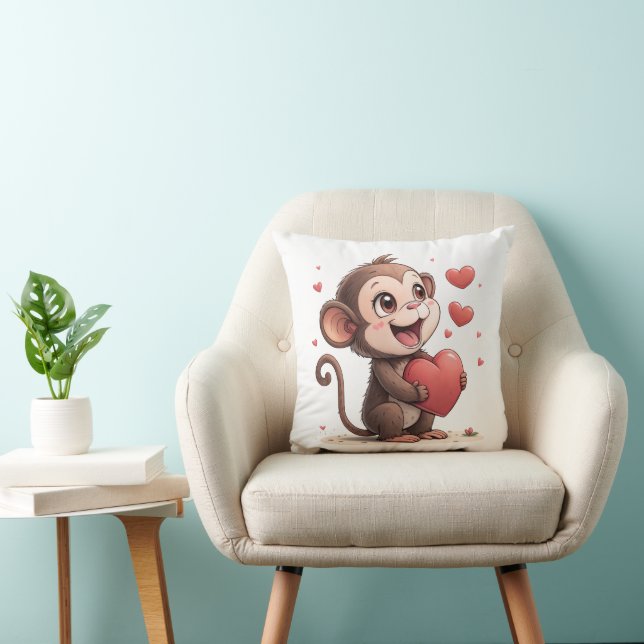 Almofada Throw Pillow Valentine's Day Monkey Red Hearts (Cadeira)