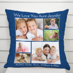 Almofada Tia Te Ama Foto Colagem Azul<br><div class="desc">Dê à melhor tia do mundo um presente de fotos personalizado divertido. Este clássico travesseiro decorativo azul apresenta uma colagem de 6 fotos de suas sobrinhas, sobrinhos, família, animais de estimação, etc., seus nomes e "Nós te amamos" ou "Eu te amo" e se ela é chamada de "tia", "Tia", etc.,...</div>