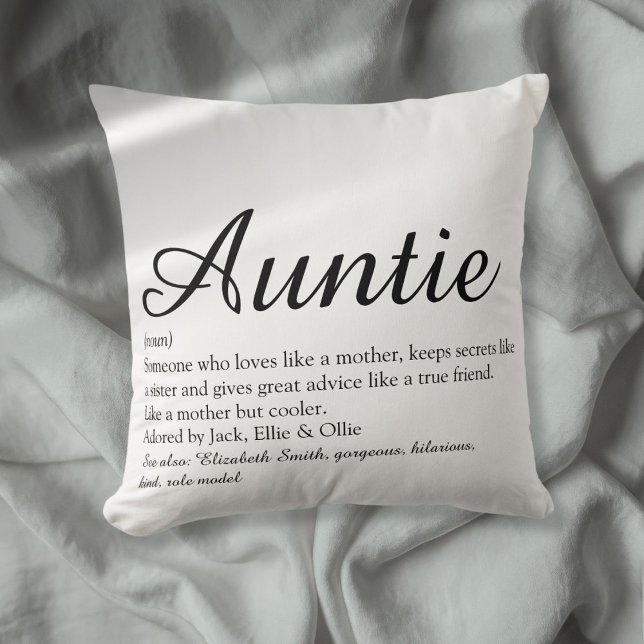Almofada Tia Tia Definição Chic Script Preto e Branco (Aunt Auntie Definition Black and White Chic Script Throw Pillow)