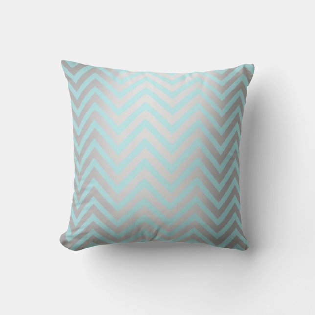 Almofada Tiffany Aqua Mint Ocean Blue Beach Chevron Prata (Frente)