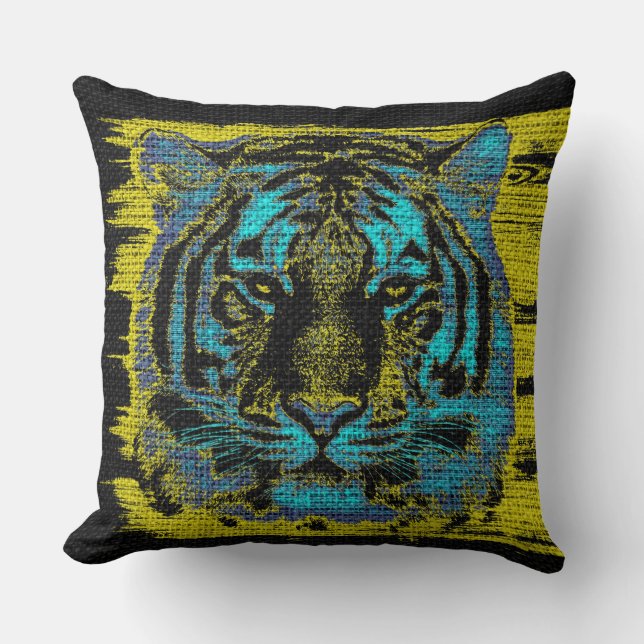 Almofada Tiger Fine Art em Burlap Rustic Jute #5 (Frente)