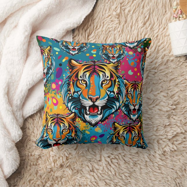 Almofada Tiger Head Rainbow colors paint stains (Cobertor)