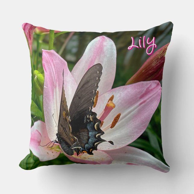 Almofada Tigre branco rosa Lilly Flower Blue Butterfly Nome (Frente)