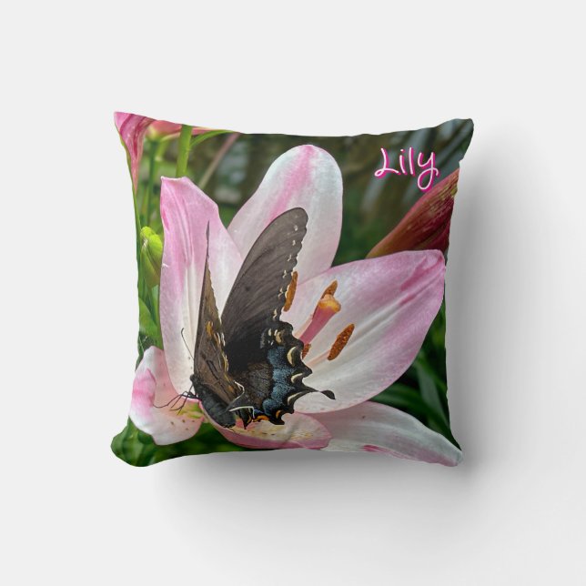 Almofada Tigre branco rosa Lilly Flower Blue Butterfly Nome (Frente)