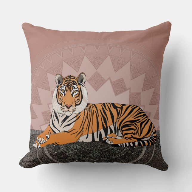 Almofada tigre de bengala mandala rosa cobre (Frente)