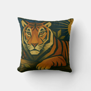 Almofada Tigre Estilizado na Moldura Ornamental Sunburst