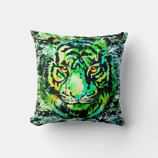 Almofada Tigre Verde | Travesseiro decorativo de Desenho do (Frente)