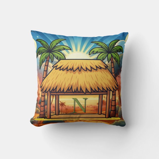 Almofada Tiki Hut Mongram Personalizado Nascer do Sol  (Frente)
