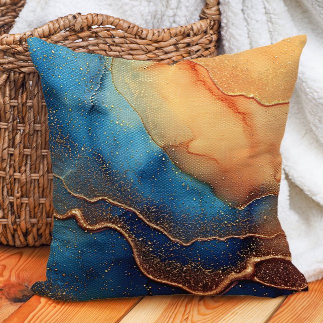 Almofada Tinta Abstrato de Álcool Azul Castanho (Teal/blue and orange marbled abstract decorator pillow)
