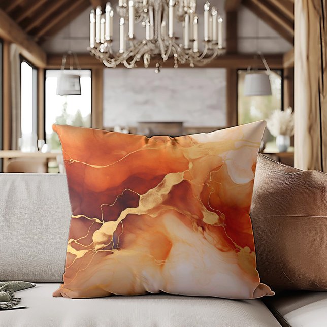 Almofada Tinta Dourada marmoreada de laranja castanho (Brown, orange, and gold alcohol ink decorator pillow)