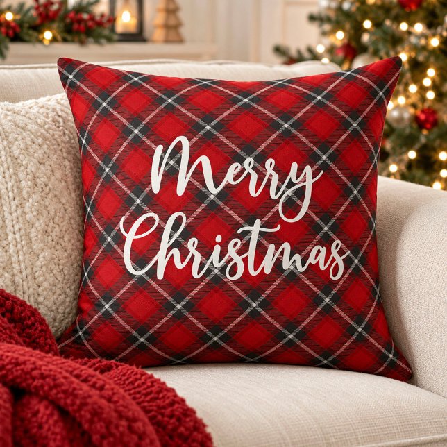 Almofada Tipografia de Plaid Vermelho Natalino Script (A A festive red plaid merry Christmas pillow)