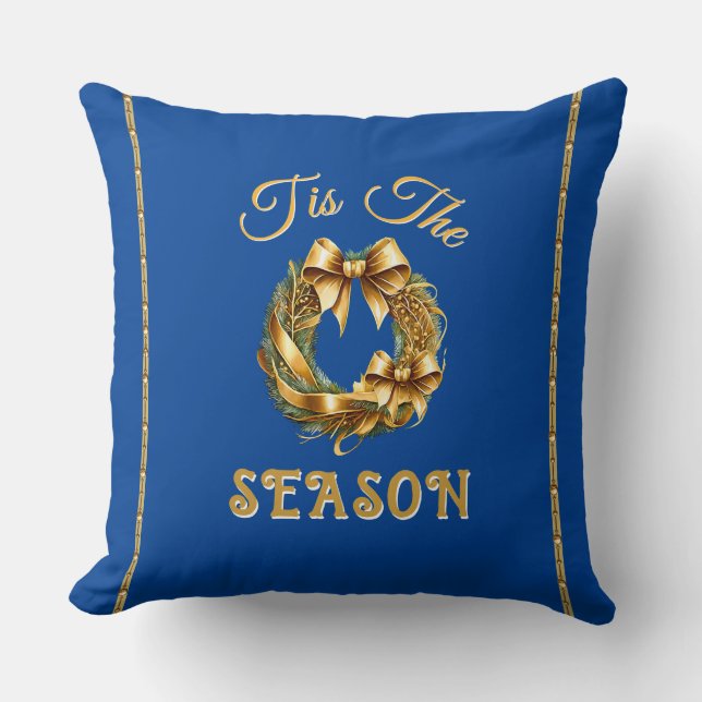 Almofada "Tis The Season" Blue Gold Wreathe (Frente)