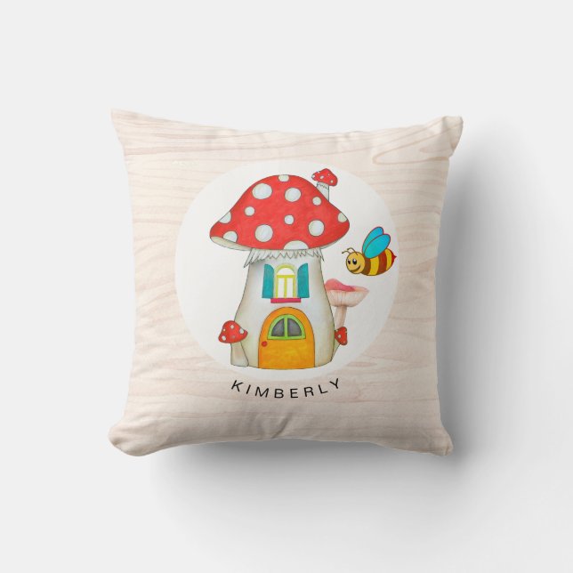 Almofada Toadstool Gnomo Cottage Textura de madeira (Frente)