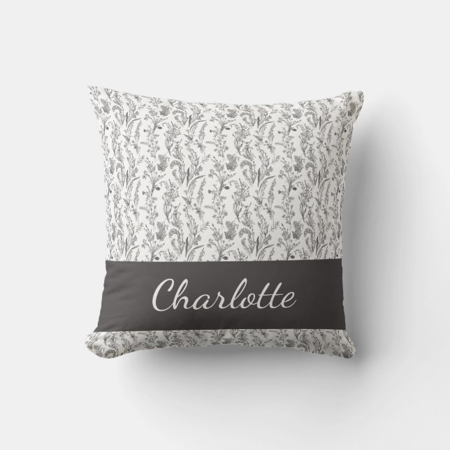 Almofada Toalete Floral Preto Branco Nome Personalizado (Frente)