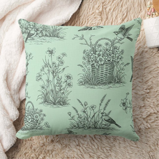 Almofada Toalhete Verde Menta Pastoral com Pássaros e Flore (Cobertor)