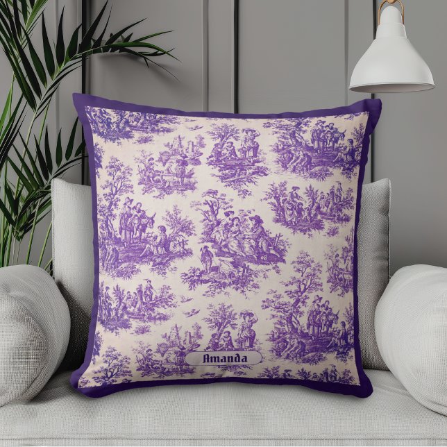 Almofada Toile de Jouy Floral Vintage Francês Roxo Monogram (Criador carregado)