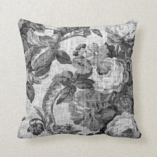 Almofada Toile floral botânico cinzento preto & branco No.