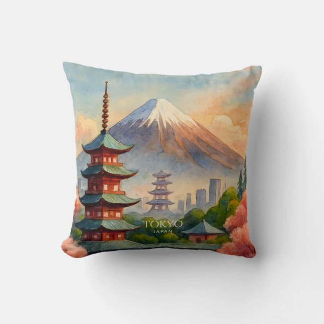 Almofada Tokyo Japan Cityscape Watercolor Souvenir (Frente)