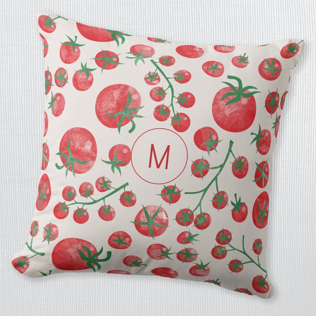 Almofada Tomate Watercolor Mediterrâneo Monograma Inicial (Fun watercolor tomato Mediterranean pattern monogram initial personalized throw pillow)
