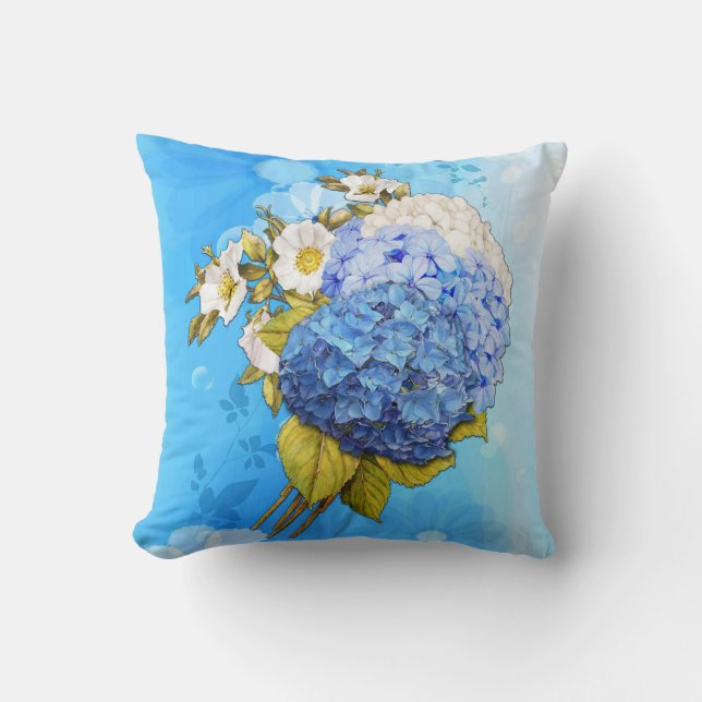 Almofada Tons de azul de hortênsias em aquarela (Frente)