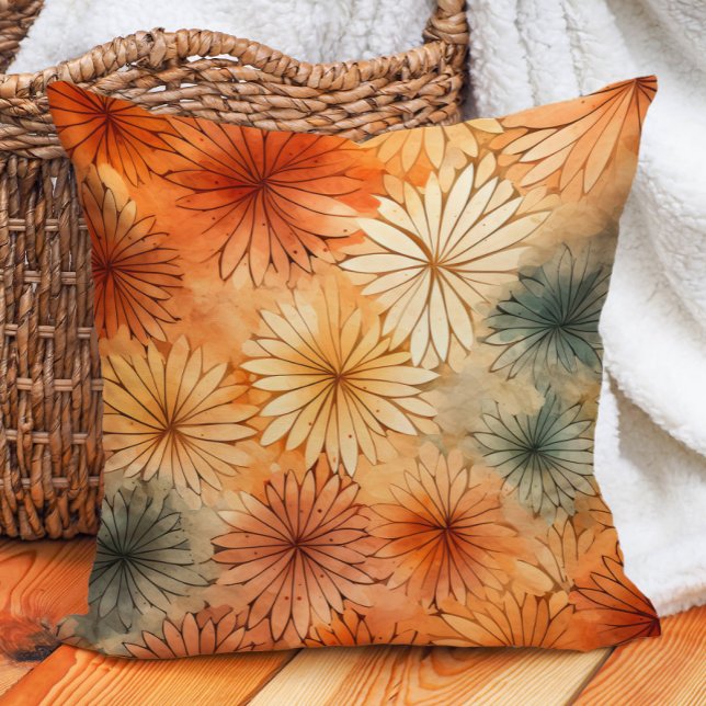 Almofada Tons Terracota Azul Creme Flores Terra Quente  (Burnt orange and teal floral decorator pillow)