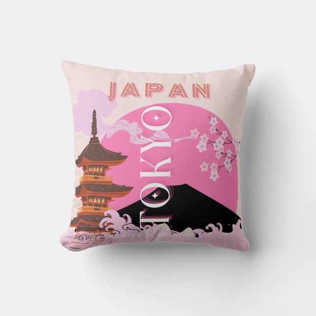 Almofada Tóquio Japão Viagem Art, Retro-Viagem Art, Rosa (Frente)