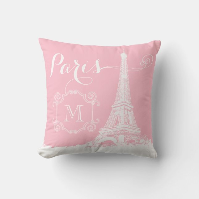 Almofada Torre Eiffel de Paris, Girly Pink, Branco Monogram (Frente)
