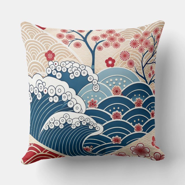 Almofada Traditional Red Blue Japanese Wave Sakura Pattern (Verso)