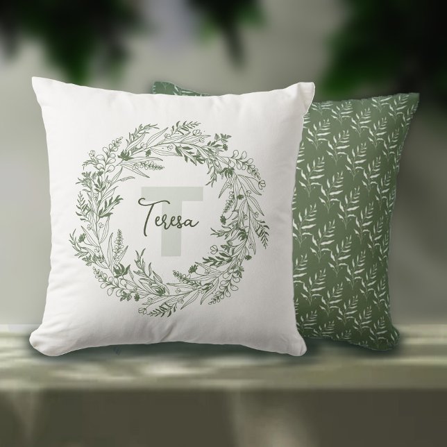 Almofada Tranquil Leafy Botanical Monogram T (Criador carregado)