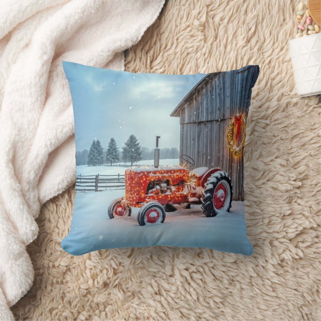 Almofada Trator Vermelho de Fazenda de Natal na Neve (Cobertor)