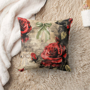 Almofada Travesseira de Arremesso de Rosas Vermelhas Vintag