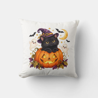 Almofada Travesseira de Halloween de Bruxa Fofa Gato Preto