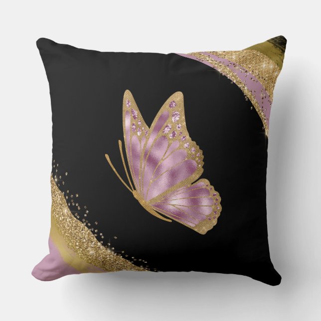 Almofada Travesseira Decorativa Borboleta Rosa e Dourada (Frente)