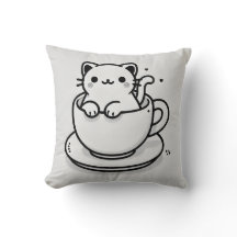 Travesseira Decorativa de Gato Fofo em Xícara de C