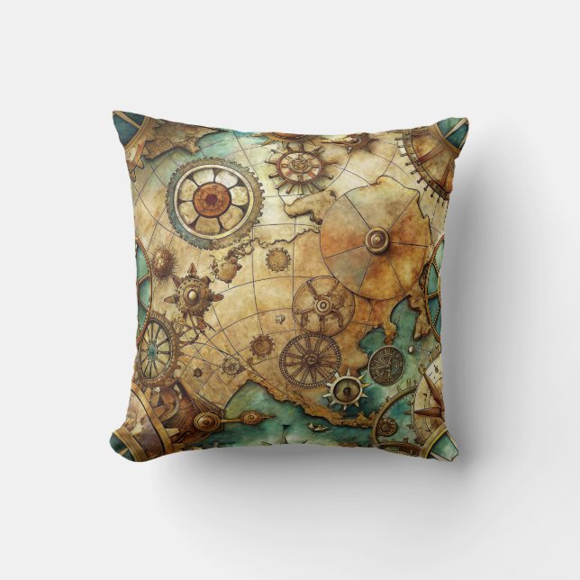 Almofada Travesseira Decorativa Mapa Antigo Steampunk (Frente)