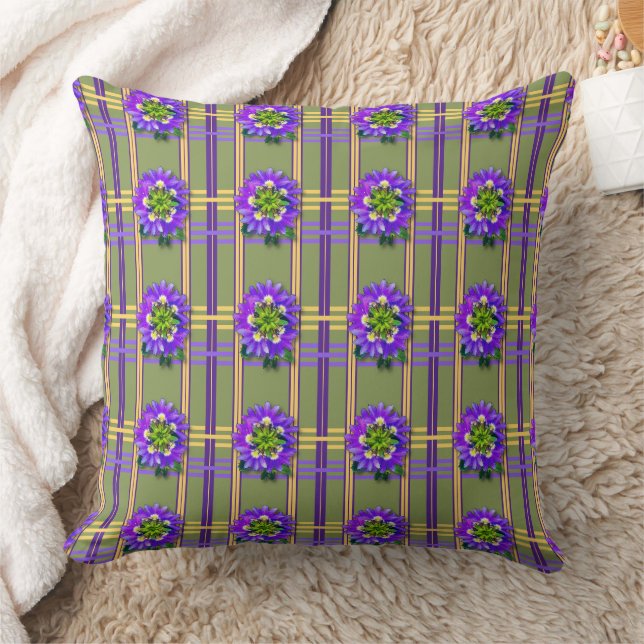Almofada Travesseira Decorativa Verde Musgo com Flores Roxa (Cobertor)