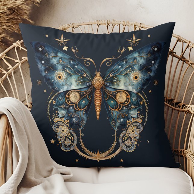 Almofada Travesseira Lunar Moth - Celestial Witchmas (Lunar Moth - Celestial Witchmas Throw Pillow in a boho rattan armchair.)