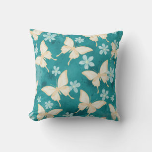 Almofada Travesseira Teal Floral e Borboleta Vintage