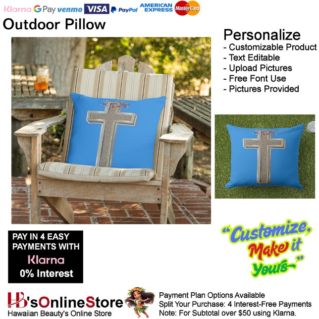 Almofada Travesseiro ao ar livre com fundo azul (Cross Outdoor Throw Pillow with Blue Background.)