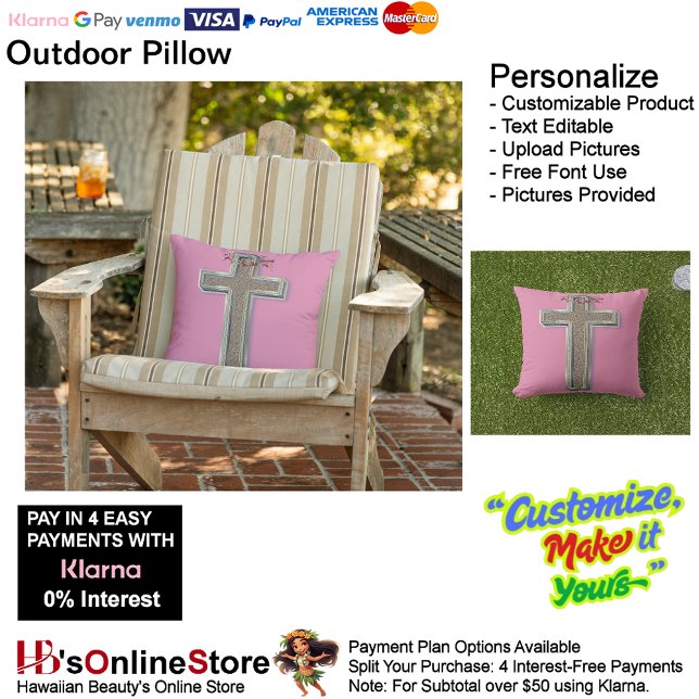 Almofada Travesseiro ao ar livre com fundo rosa (Cross Outdoor Throw Pillow with Pink Background.)