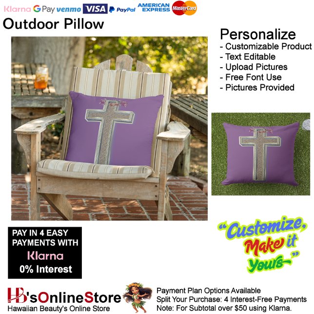 Almofada Travesseiro ao ar livre com fundo roxo (Cross Outdoor Throw Pillow with Purple Background.)
