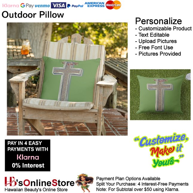 Almofada Travesseiro ao ar livre com fundo verde (Cross Outdoor Throw Pillow with Green Background.)