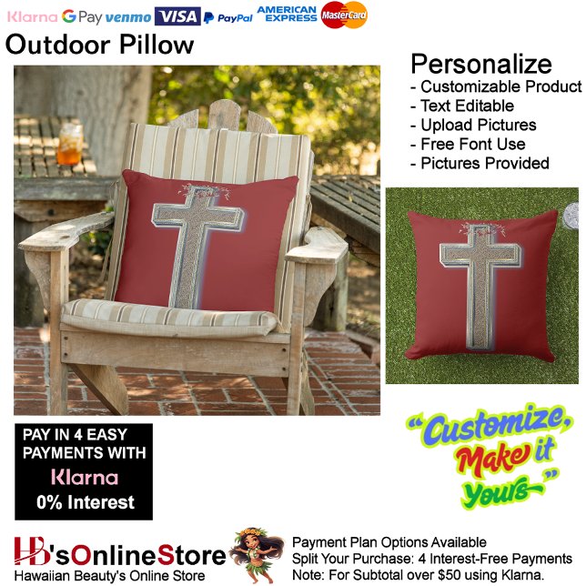 Almofada Travesseiro ao ar livre com fundo vermelho (Cross Outdoor Pillow with Red Background.)