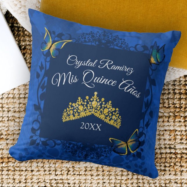 Almofada Travesseiro Azul, Borboleta Dourada Tiara Quincean (royal blue quinceanera throw pillow gold tiara rhinestone gemstones gold butterflies keepsake gift )