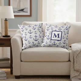 Almofada Travesseiro Azul com Âncora Náutica Monogramada