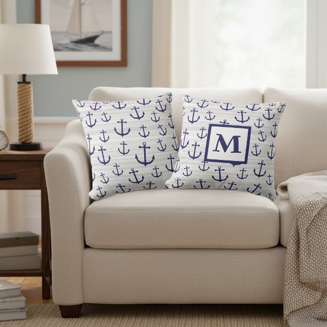 Almofada Travesseiro Azul com Âncora Náutica Monogramada (Decorative anchor pillow with a monogram.)
